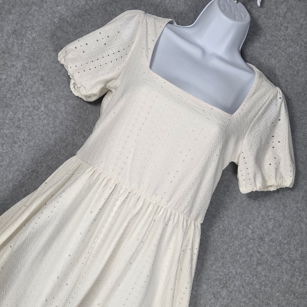 Aqua Women Small Eyelet Fit & Flare Dress Ivory Square‎ Neck Puff Sleeve